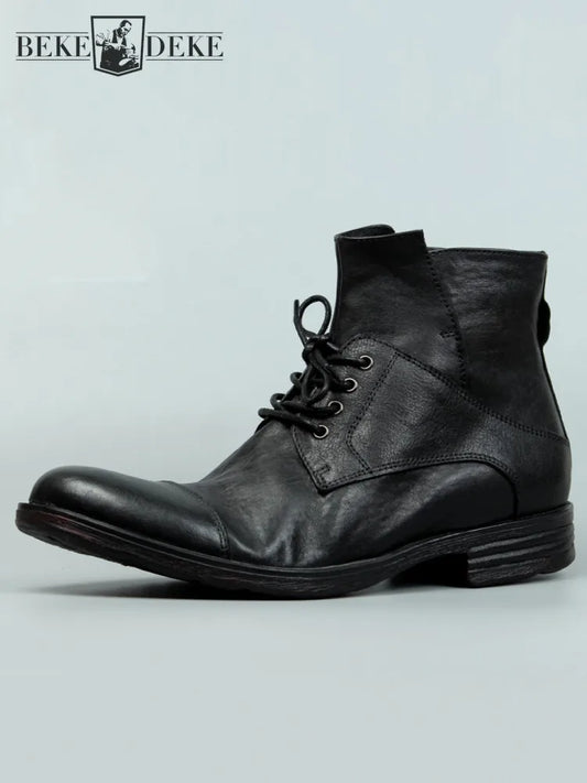 Vintage Mens Cowhide Genuine Leather Riding Ankle Boots Lace Up High Top Work Shoes Vintage Round Toe Autumn Moto Biker Boots