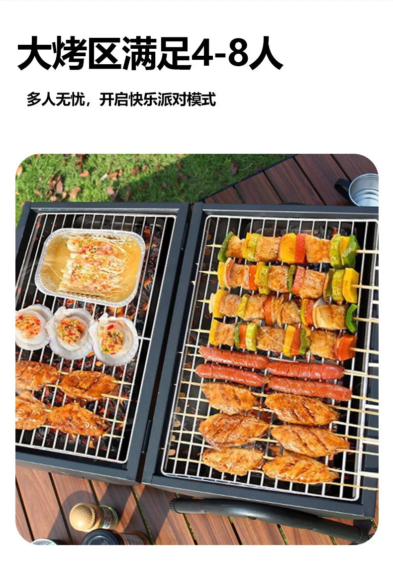 Carbon Steel Outdoor BBQ Grill  Dual-Sided Griddle with Independent Charcoal Tray Foldable Camping Gear  Handheld BBQ Grill