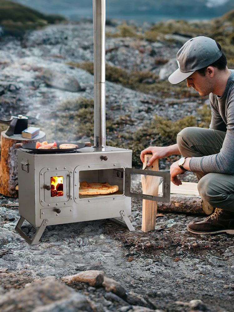 Wood Fire Oven Outdoor BBQ Stove with 9" Pizza Oven Large Multifunction Wood Fired Burning Stove Built-In Thermometer Camping