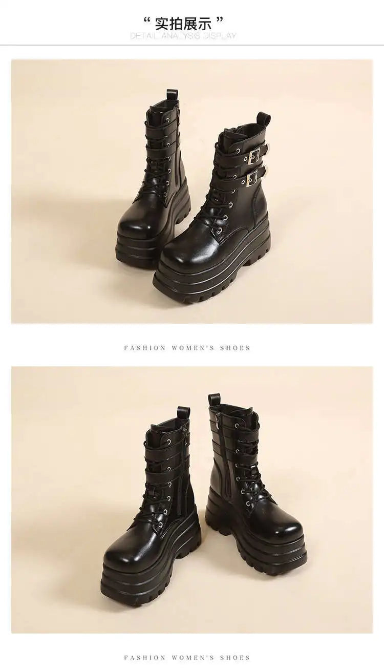 Women Boots British Belt Buckle 2025 Autumn New Height Increasing Thick Soled Short Boot Lace Up Zipper Fashion Motorcycle Boots