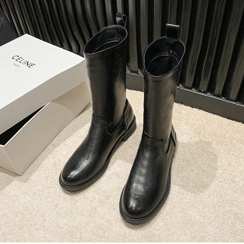 Autumn Winter Women Mid Calf Boots Female Round Toe Slip On Shoes Street Style Motorcycle Botas Mujer