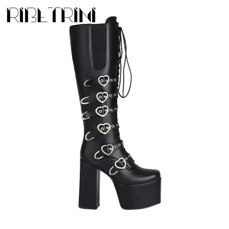 Cool Women Motorcycle Boots High Heeled Knee High Sassy Platform Shoes Lace Up Zip Luxury Designer Brand Winter Street Booties
