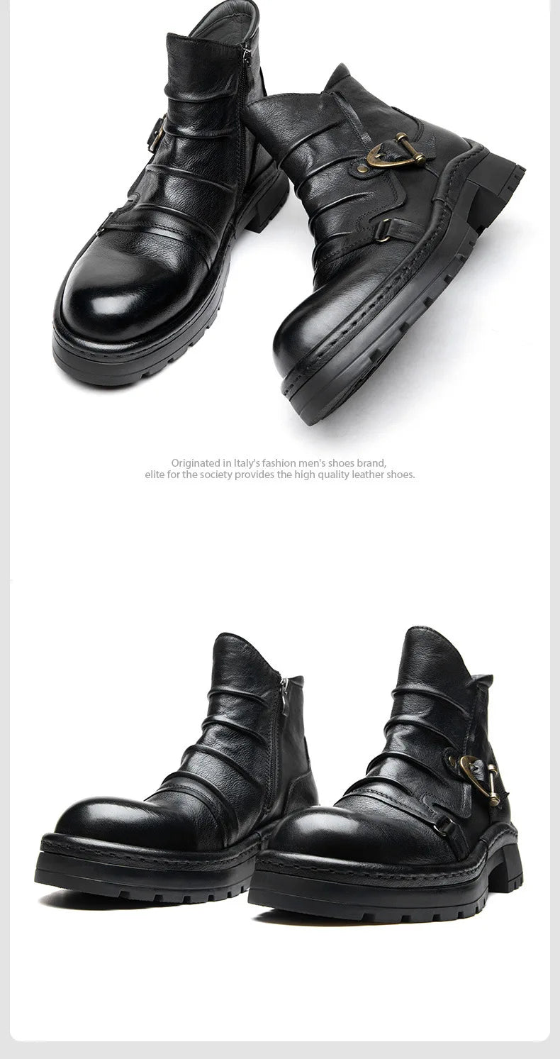 Brown Leather Motorcycle Boots Mens Round Head High Top Motorbike Boots Quality Moto Riding Shoes Thick Soled Summer Winter