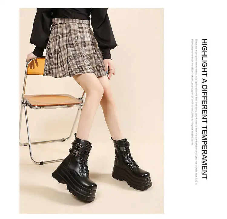 Women Boots British Belt Buckle 2025 Autumn New Height Increasing Thick Soled Short Boot Lace Up Zipper Fashion Motorcycle Boots