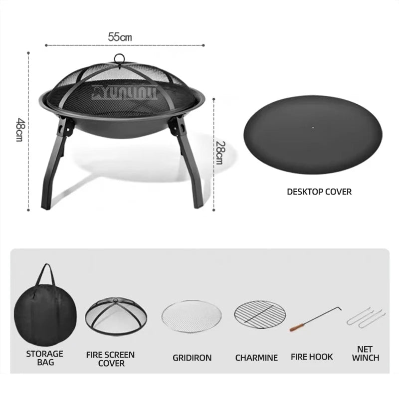55cm Folding Portable Barbecue Charcoal Grill Outdoor Round Brazier Tea Heating Stove BBQ Desk Tabletop Carbon Bonfire