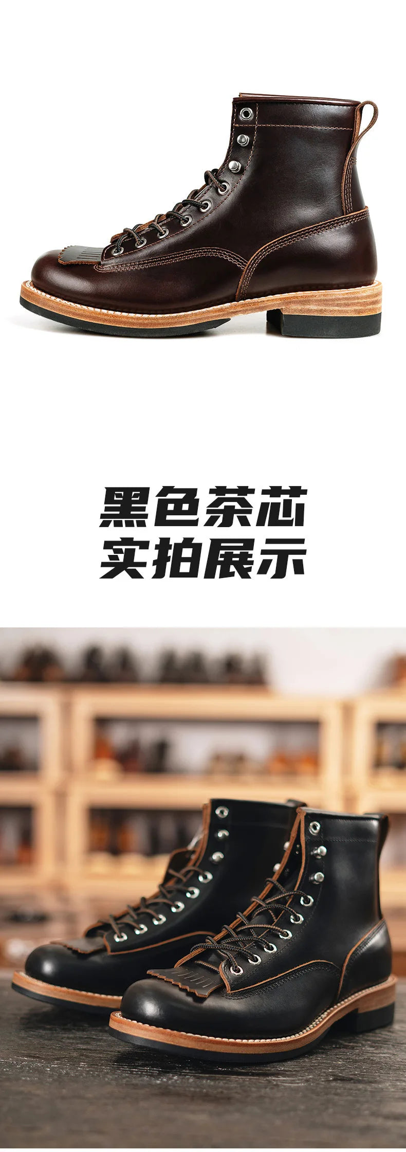 Men's Vintage Motorcycle Boots Cowhide Leather High Top Motorbike Boots Motocross Riding Boots Walking Shoes Thick Soled 38-44