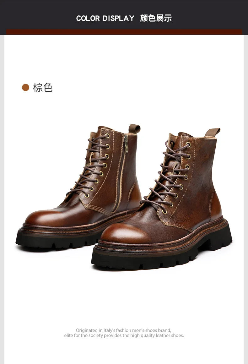 Motorcycle Boots Men Genuine Leather Retro Motorbike Ankle Boots Thick Soled Wear Resistant High Top Cowhide Shoes EU 38-44
