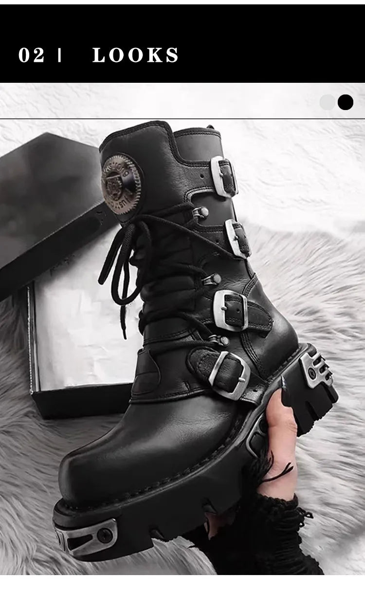 Unisex Genuine Leather Motorcycle Boots Skull Gothic Punk Cowboy Boots Women Men Metal Decoration Platform Combat Mid-calf Boots