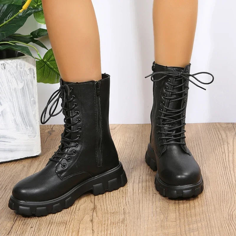 2025 Boots Women  Autumn Winter PU Leather White Ankle Boots Motorcycle Female Chunky Heels Platform Boots