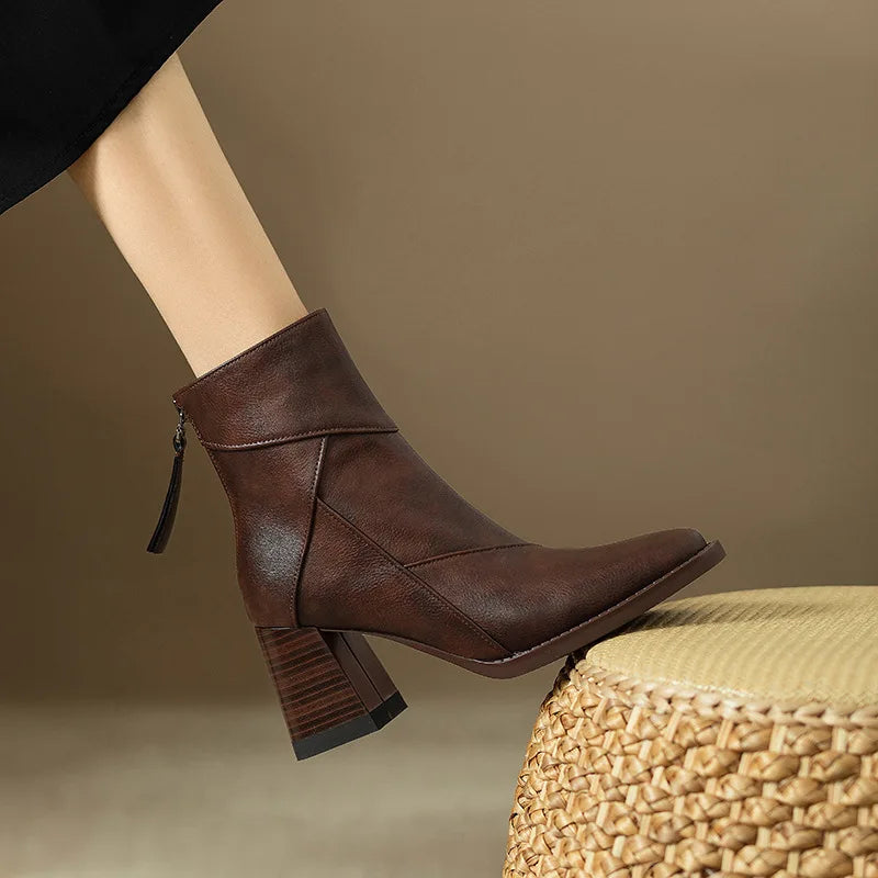 Woman Chunky Ankle Boots Women Zipper Retro Brown Soft Leather Short Boot Autumn New Square Toe Casual High Heel Booties Mujer
