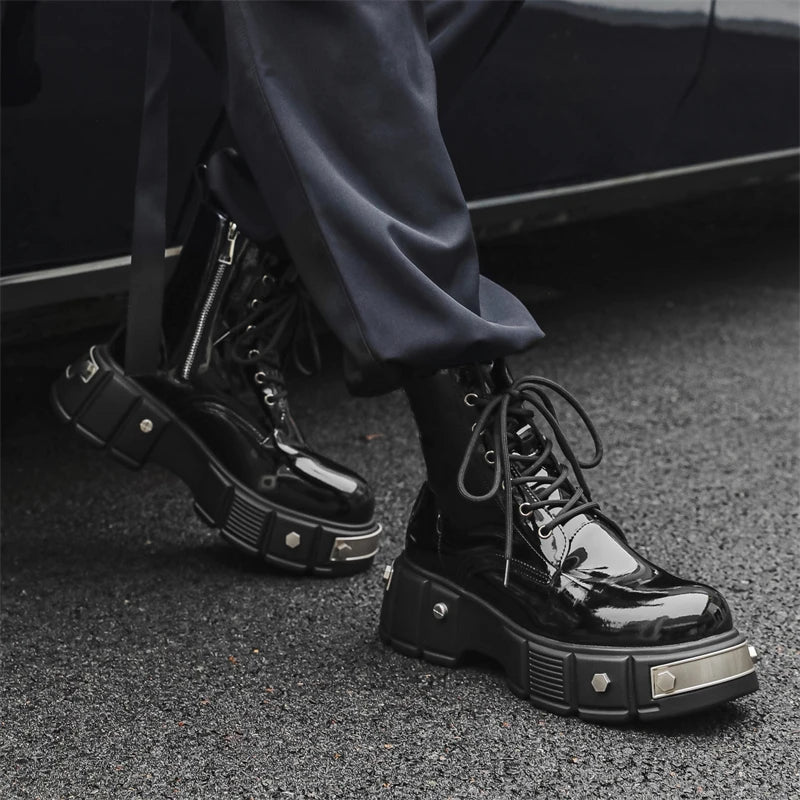 men's casual punk goth dress patent leather boots brand designer shoes cowboy platform boot cool long motorcycle botas masculina