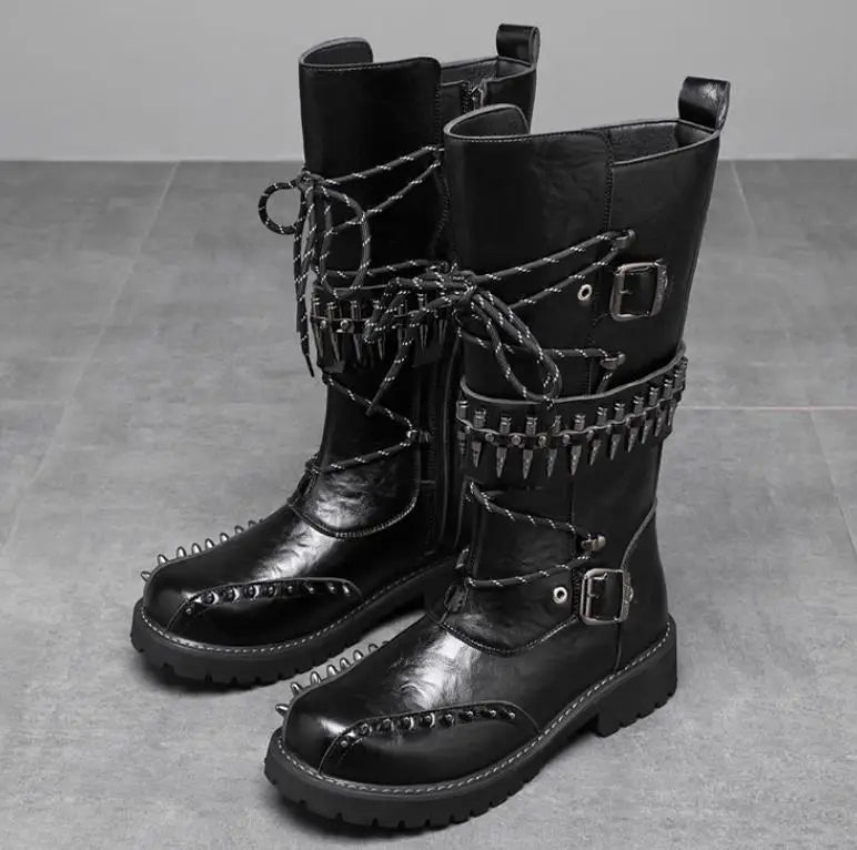 Round Toe Metal Decorations Belt Buckle men Boots Thick Sole Flats Black Zipper Fashion Punk Gothic  Equestrian Motocycle Boots