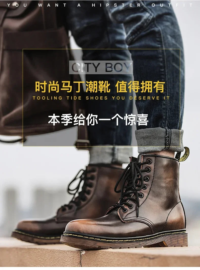 New Couple Boots Genuine Leather Motorcycle Shoes Breathable Waterproof Anti-Slip Warm Cotton Men's Women's Fashion Ankle Boots