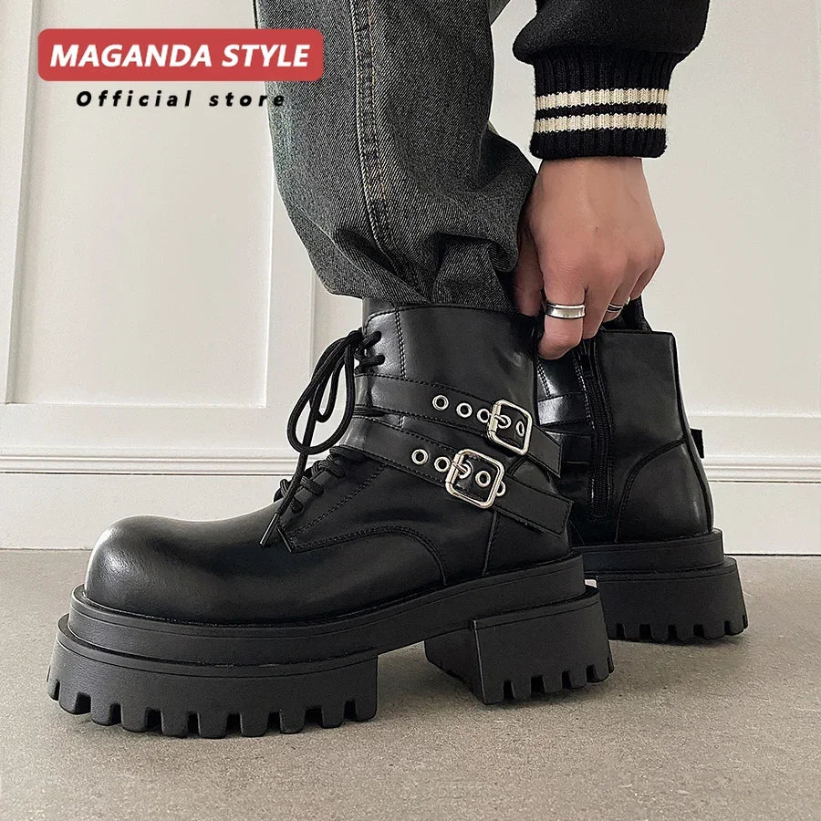 Height increased by 7CM short leather boots for men's dark punk functional motorcycle boots commuting buckle work clothes shoes