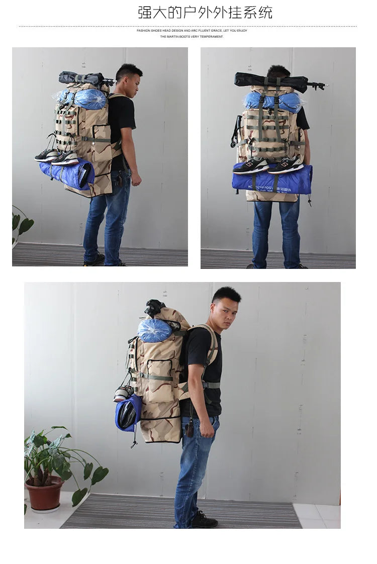 70-100L Outdoor Camping Travel Sports Backpack Military Camo Tactical Bag Large Capacity Waterproof Hiking Mountain Climbing Bag