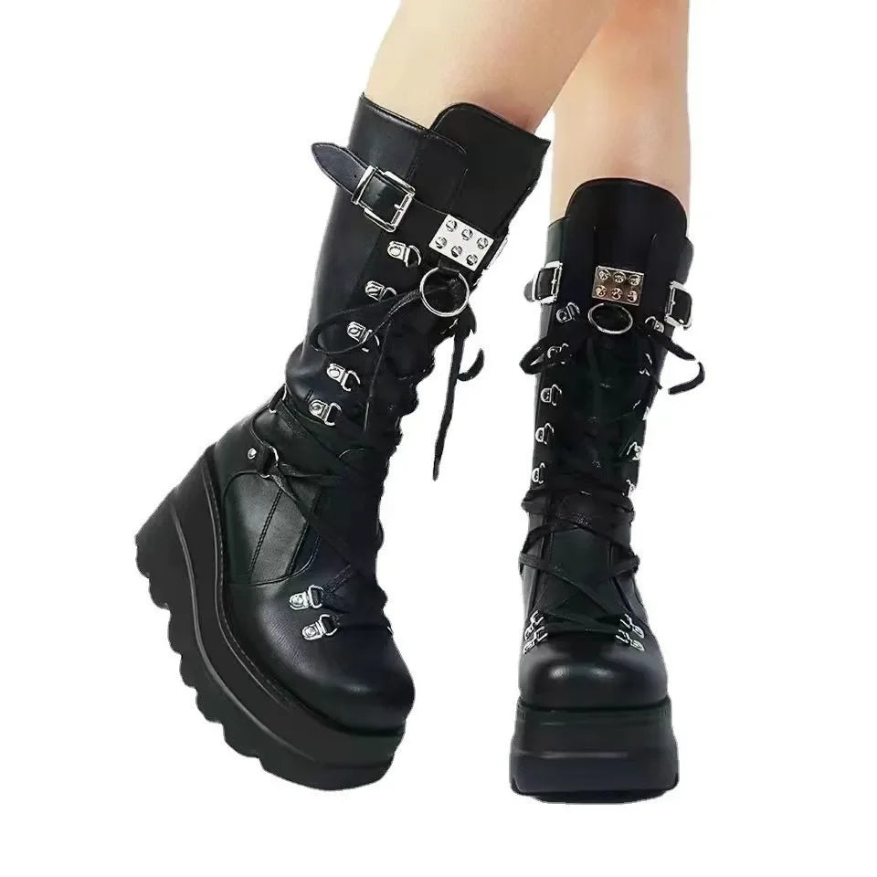 Women High Boots Cosplay Mid-calf Boots High Platform Wedges Boots 2025 Autumn Winter New Designer Gothic Shoes for Women Botas
