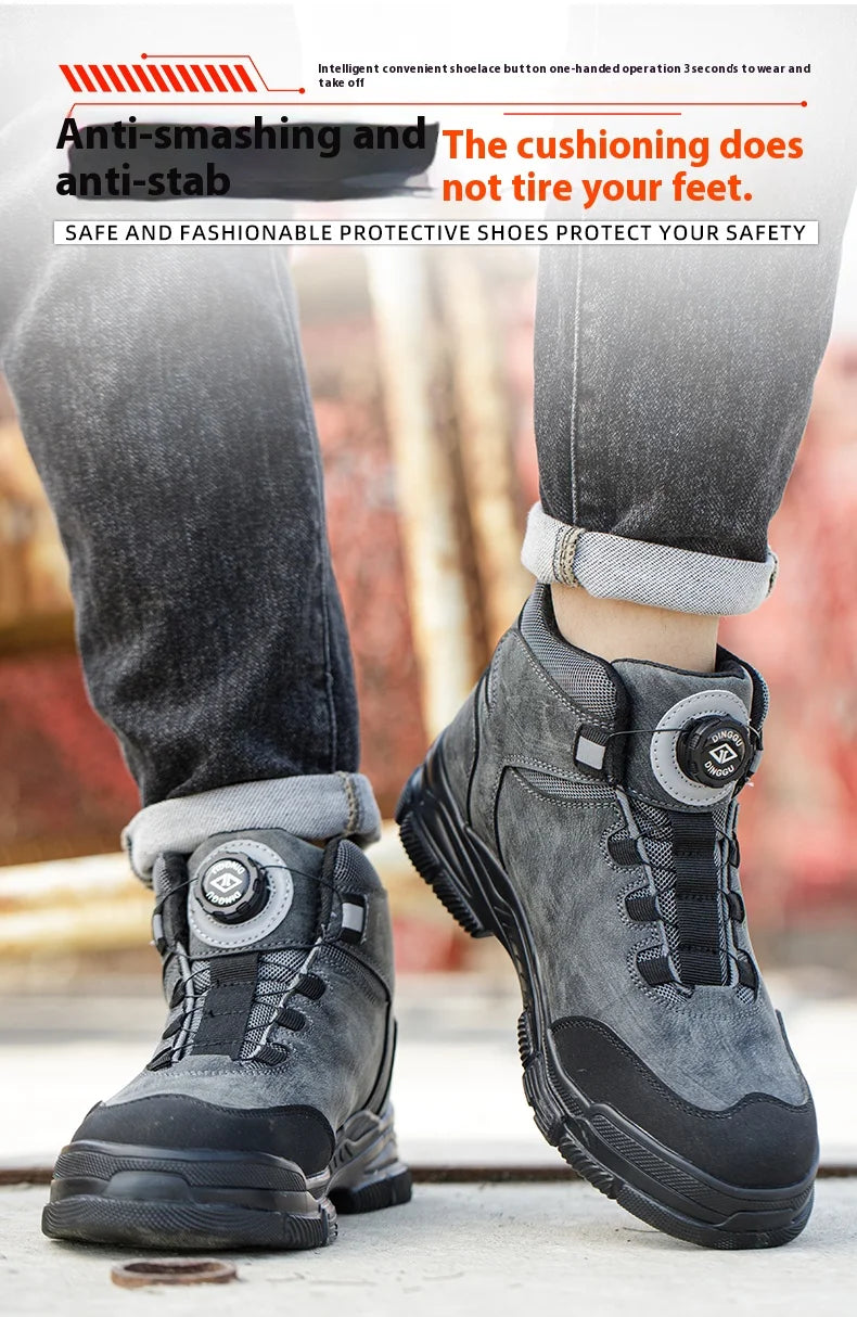 Rotating Buttons Work Boots Men Steel Toe Shoes Safety Boots Puncture-Proof Protective Shoes Waterproof Indestructible Shoes New