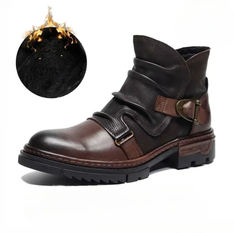 2025 Retro Men's Motorcycle Leather Boots British Style Round Head High Top Shoes Casual Platform Boots Moto Street Gear