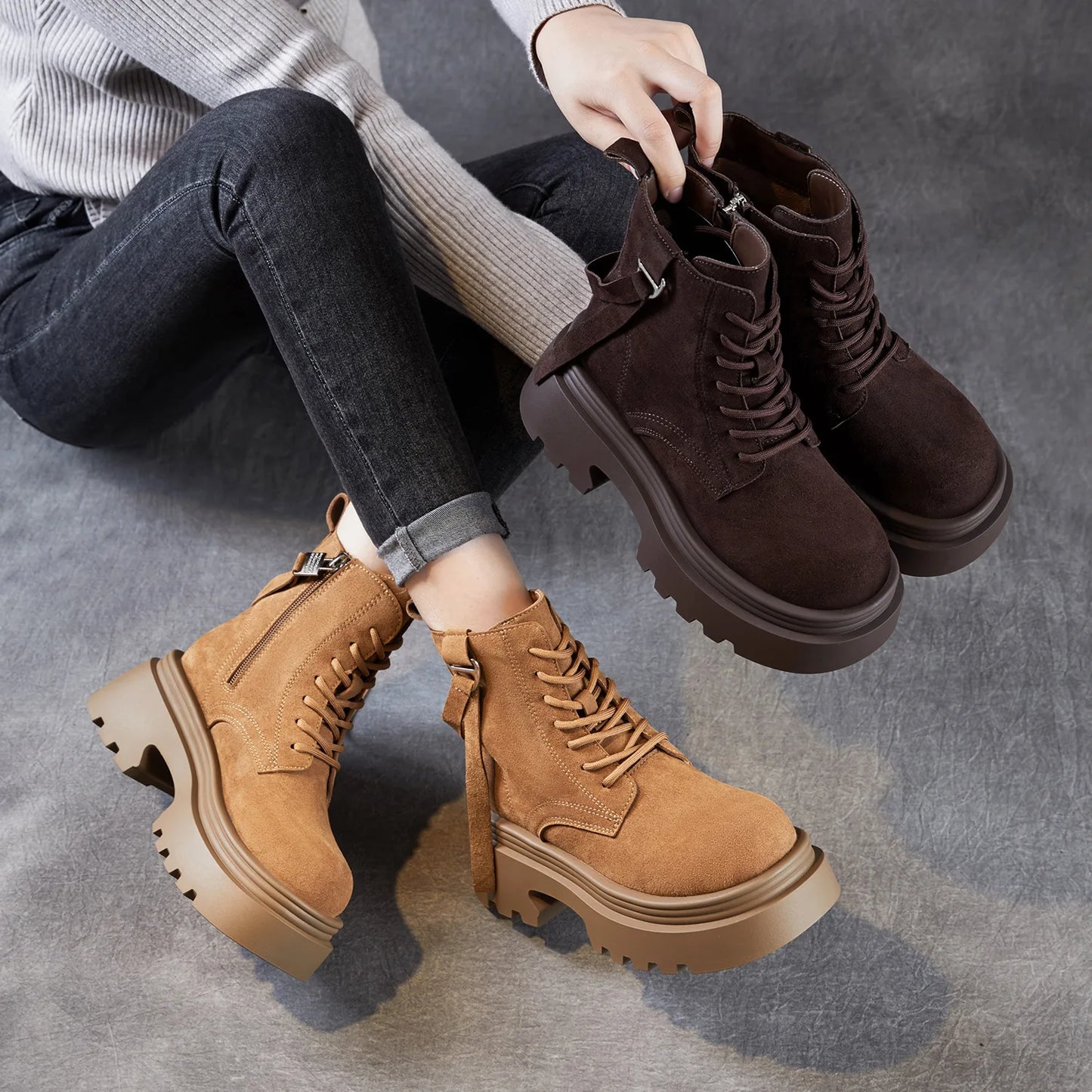 6.5cm Cow Suede Genuine Leather Women Booties Elthnic Pumps Comfy Ankle Knee High Spring Motorcycle Shoes Flats Platform Wedge