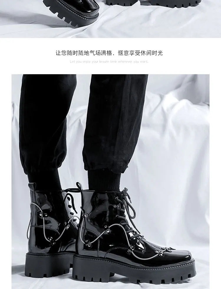 2025 Niche British Style Platform Derby Shoes Square Head Bright Leather Men's Business Casual Retro Boots