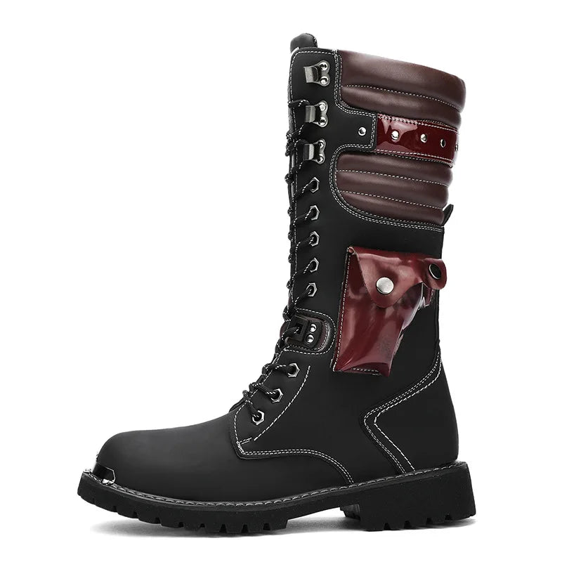 Men Motorcycle Boots Fashion Mid-Calf Punk Rock Punk PU Leather Black High Top Mens Casual Boot Steel Toe Shoes Big Size 38-46