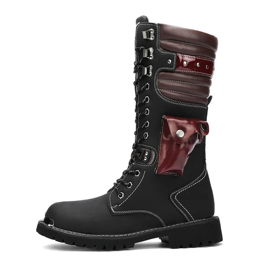 Men Motorcycle Boots Fashion Mid-Calf Punk Rock Punk PU Leather Black High Top Mens Casual Boot Steel Toe Shoes Big Size 38-46
