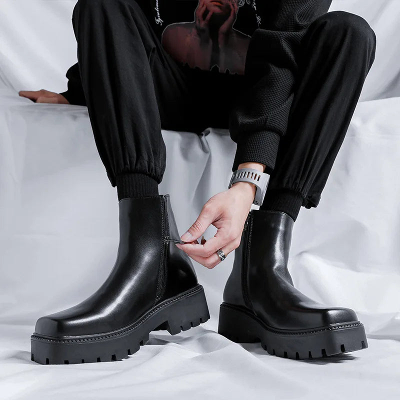 mens fashion punk rock dress high chelsea boots square toe platform shoes cowboy original leather boot handsome motorcycle botas