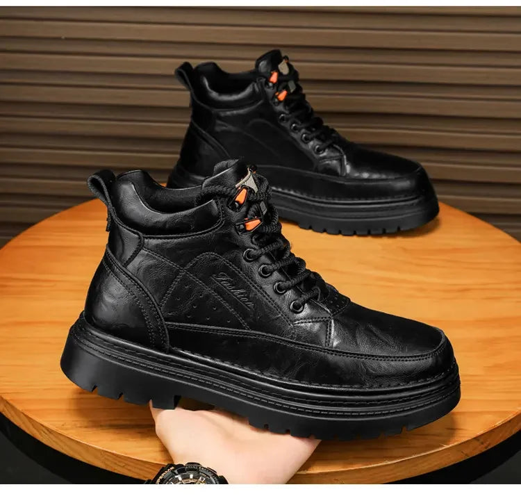 COZOK Men's Shoes Genuine Leather High Top Shoes Male Comfortable Sneakers Motorcycle Boots Male Lace-Up Winter Plush Snow Boots
