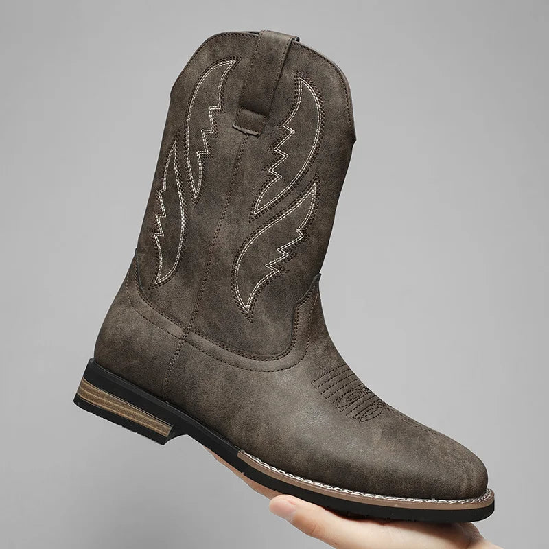 Western Style Cowboy Chelsea Boots Vintage Mid-calf Boots Pointed Toes Classical Shoes Genuine Leather Worker Winter Booties