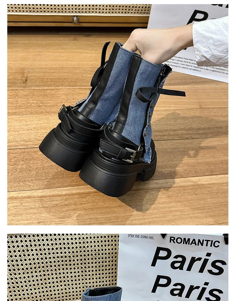 Fall Student Fashion Ankle Boots New Canvas Cowboy Shoes Women's Outdoor Platform Boots Luxury Designer Brand Motorcycle Boots