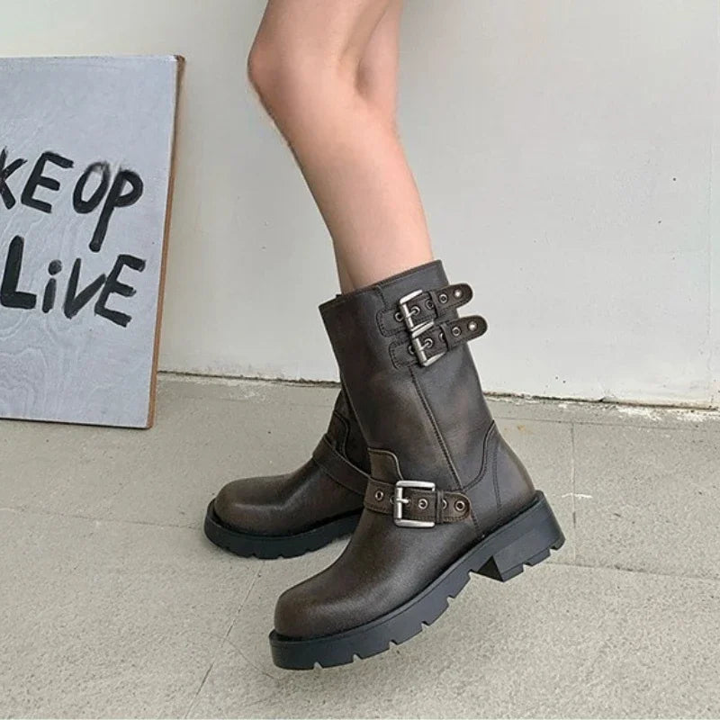 Spring and Autumn Women Boots Retro Platform Boots 2024 Round Toe Solid Color Low Heel Short Buckle Casual Women's Fashion Boots