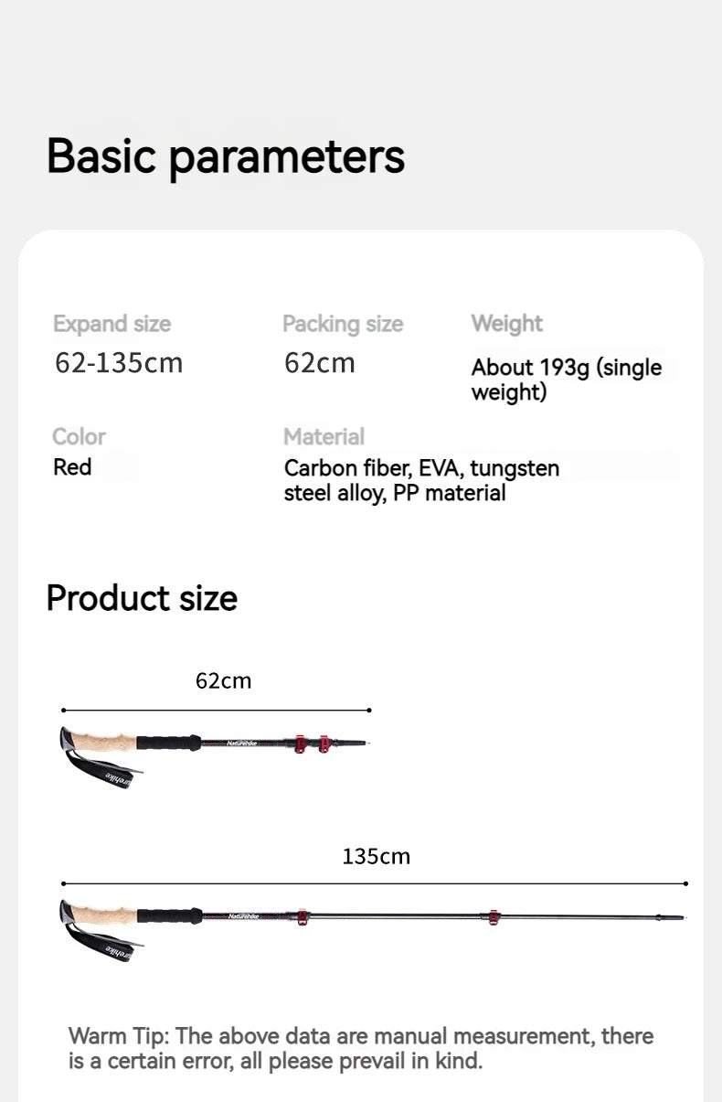 Naturehike Trekking Pole 2pcs 62-135cm 3Sections Carbon Fiber Telescopic Walking Stick Outdoor Hiking Canes Ultralight Climbing