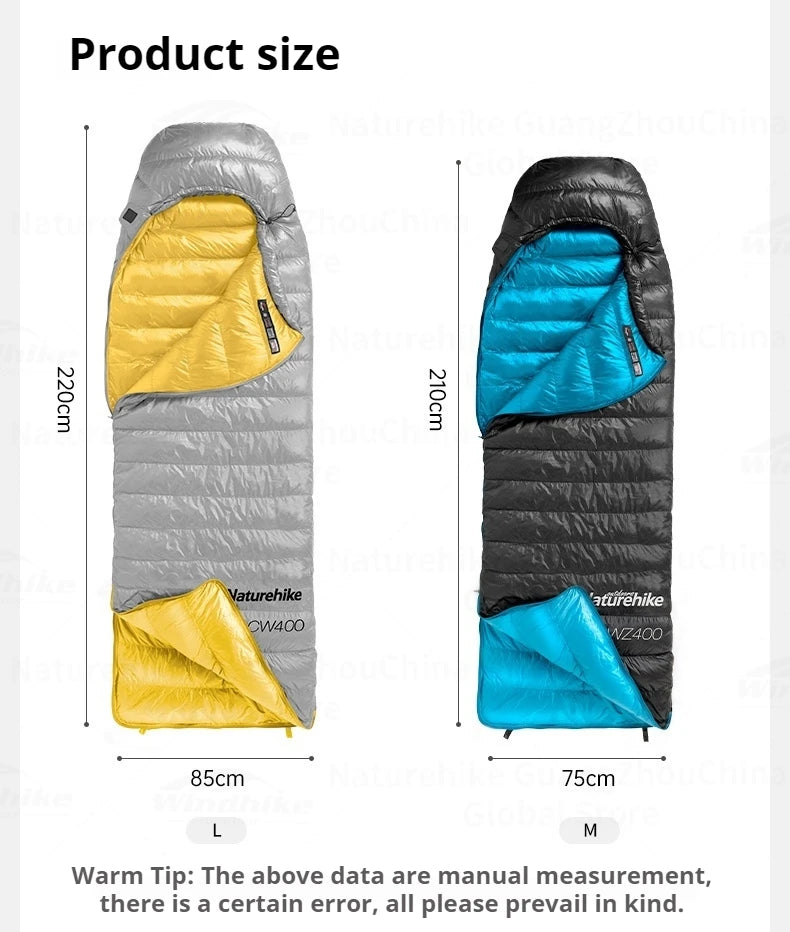 Naturehike CW400 Sleeping Bag Winter 650FP Duck Down Hooded Hiking Sleeping Bag 20D Nylon Waterproof Ultralight Envelope Warm