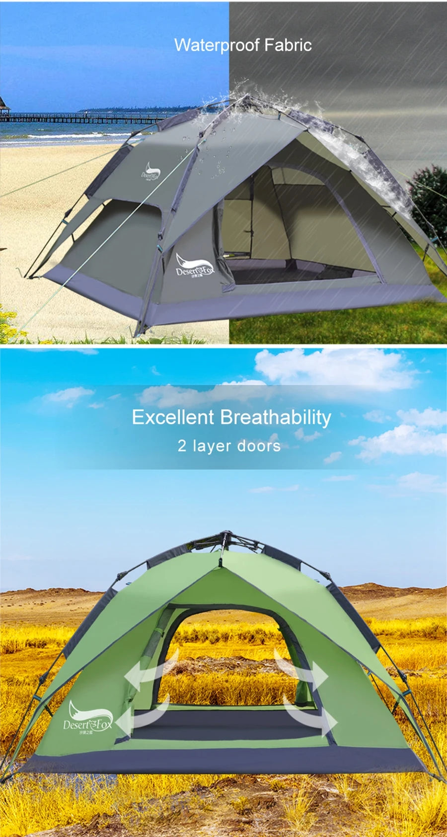 Desert Fox Family Camping Tent 3 Person Outdoor Automatic Tents Instant Set-up Pop-up 2/3 Ways Use Tent for Beach Hiking Travel