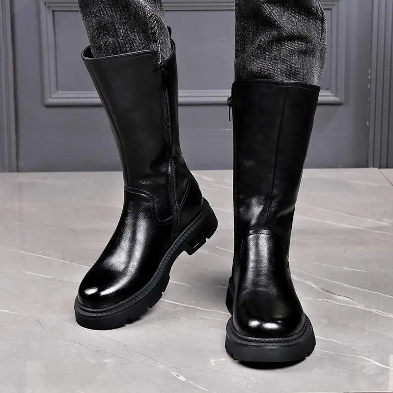 Tall Boots for Men Made of Leather with Increased Height and Soft Sole Western Cowboy Plush Insulation Knight Ankle Riding