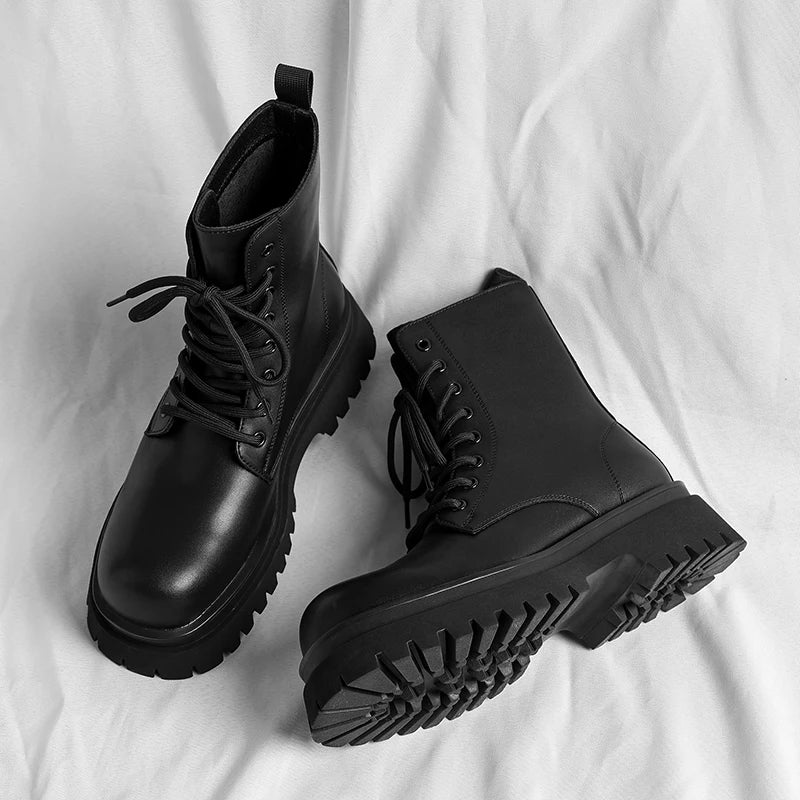 British style men luxury fashion platform boots lace-up genuine leather shoes cowboy chunky boot handsome high motorcycle botas
