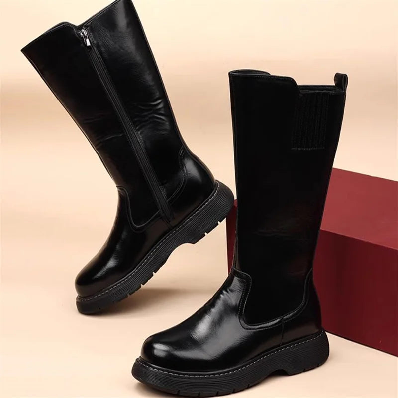 Size 38-43 Top Quality Mid Calf Punk Style Motorcycle Riding Boots Men Shoes Fall Winter Flat Heels Long Boots Male