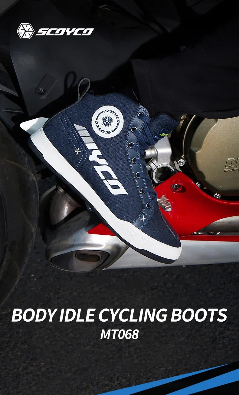 SCOYCO Commuter Motorcycle Riding Shoes Fashion Casual Hundred Crash Shoes Breathable Canvas Riding Motorcycle Boots MT068