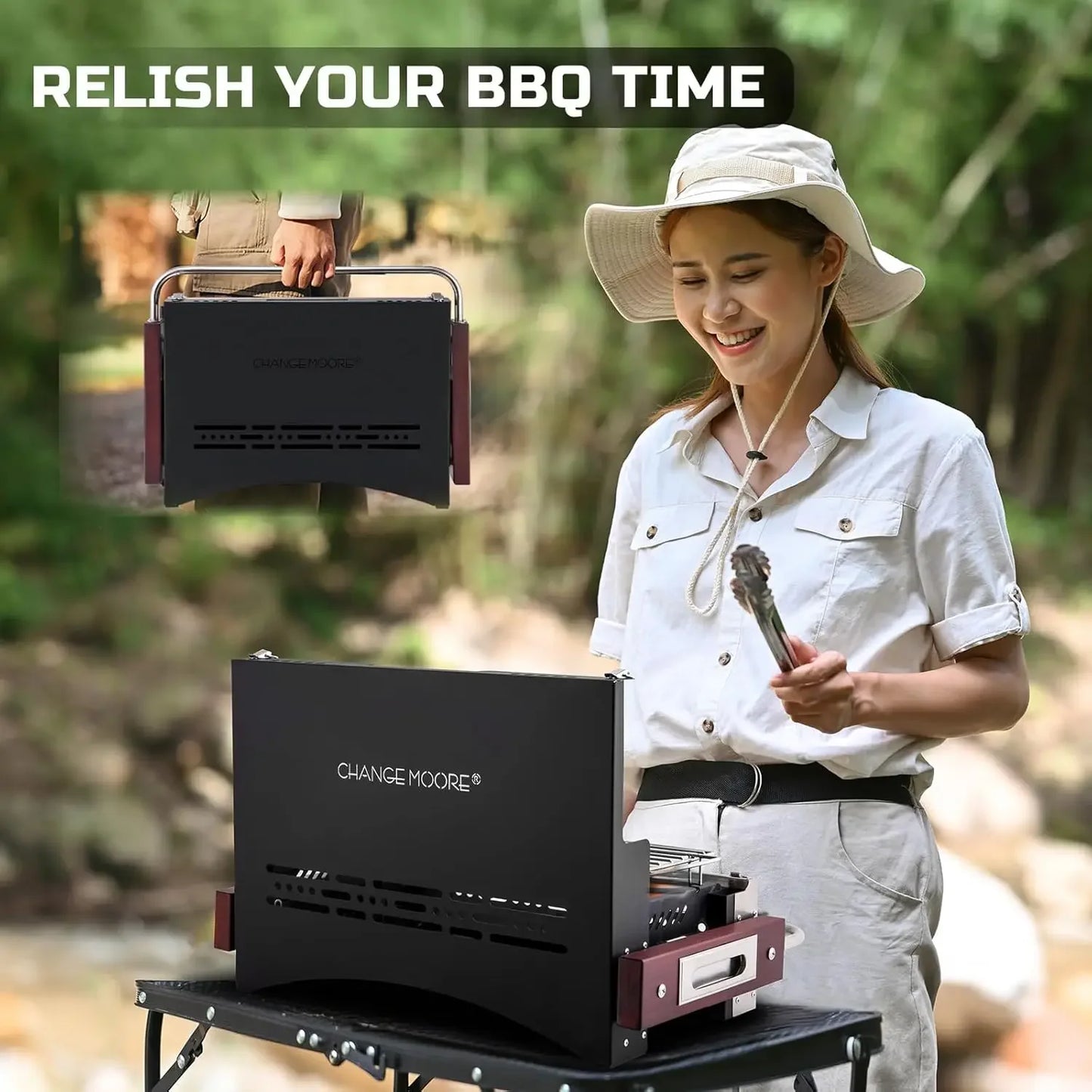 CHANGEMOORE Outdoor Camping Stove 304Stainlee Steel BBQ Grill Portable with Heat-Resistant Handles Camping Garden Picnic Outdoor