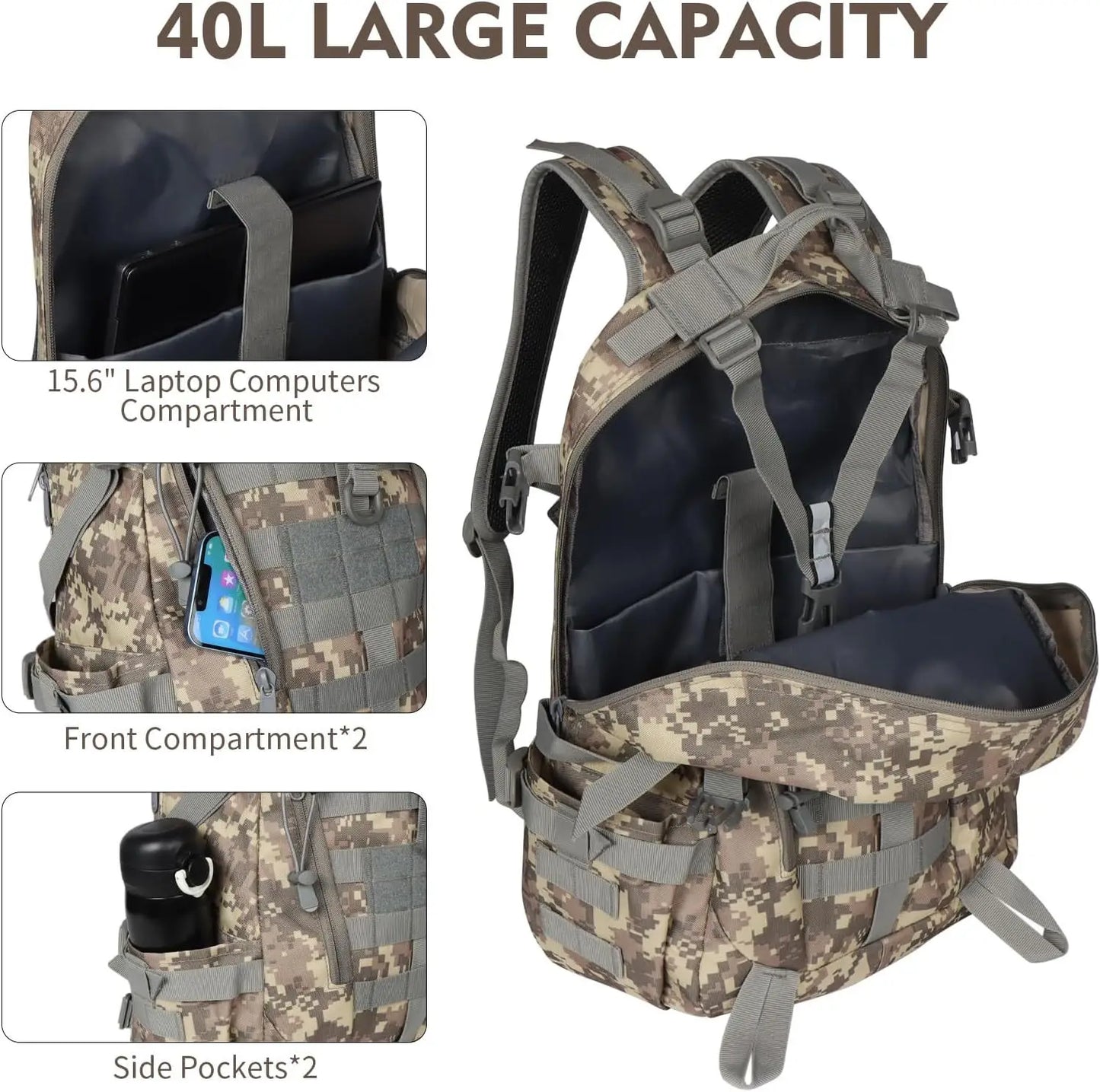 40L Tactical Camping Backpack Reflective Safety Mens Travel Hiking Rucksack MOLLE System Military Style Shoulder Straps Outdoor