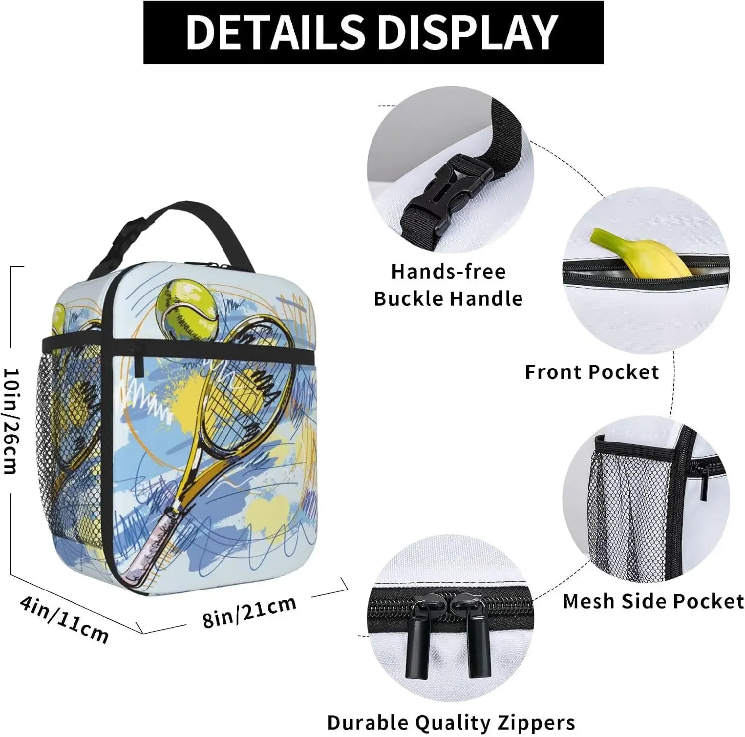 Tennis Racket Art Sport Lunch Bag Insulated Reusable Lunch Box Lunch Tote Lunchbox Portable Bento Bags For