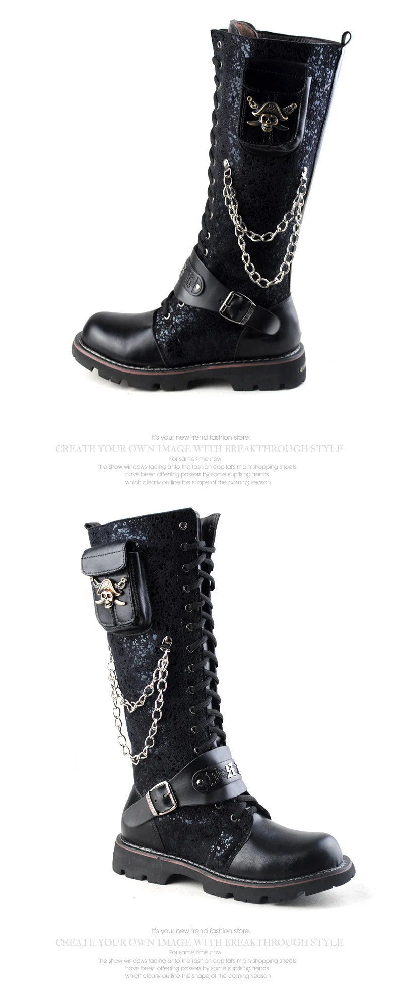 Men Motorcycle Boots  Knee High Boots Low Heels Knight Shoe man Vintage Boots male zapatos,Combat Boots Gothic Skull Punk Boots