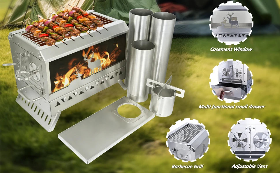 Firewood Stove Outdoor Portable Stainless Steel Burner Desktop Heater with Collapsible Legs for Camping Hiking Barbecue Travel