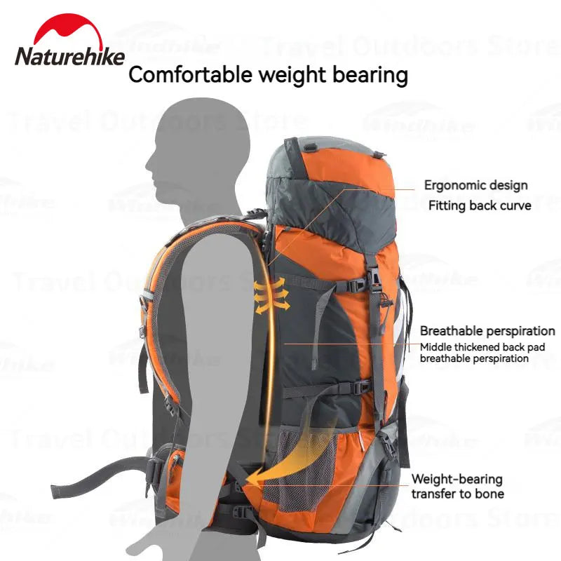 Naturehike Outdoor Backpack 70+5L Large Capacity Trekking Bag Backpack 420D Nylon Camping Hiking Travel Backpack With Rain Cover