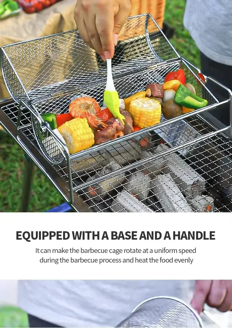 Stainless Steel Rolling BBQ Grill Manual Rotating Barbecue Cage with Base Rotisserie Basket Roll Barbecue Cage Outdoor Roaster