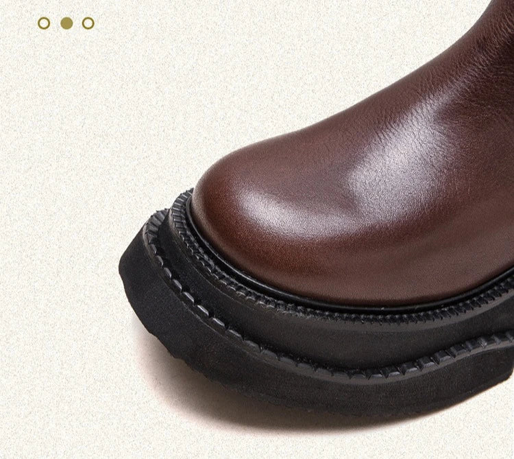 6.5cm Cow Genuine Leather Women Ankle Knee Motorcycle Booties Boots Chunky Heels Platform Wedge Shoes Chimney High ZIP Spring