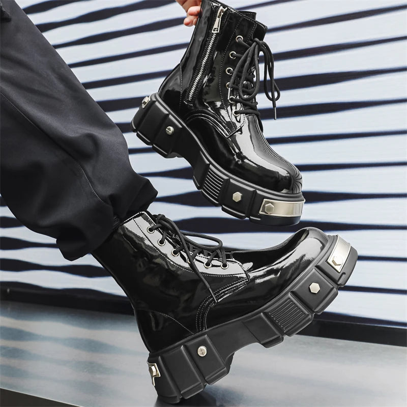 men's casual punk goth dress patent leather boots brand designer shoes cowboy platform boot cool long motorcycle botas masculina