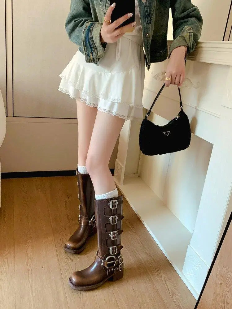 Metal Buckle Square Toe Knee High Boots Women Black PU Leather Punk Long Boots Woman Autumn 2025 Chunky Heels Motorcycle Booties
