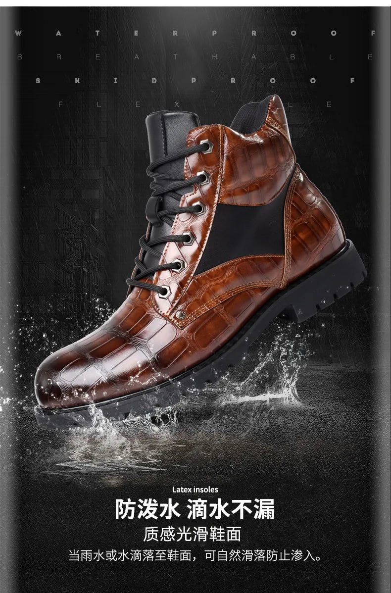 Size 38-48 Classic Design New Men's Ankle Boots Handsome Thick Sole Patent Leather Crocodile Lines Men's Short Motorcycle Boots