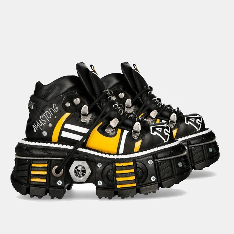 Fashion Men's Genuine Leather Punk New Motorcycle Boots Spanish Tank Metal High-Top Platform Women Handmade Ankle Shoes